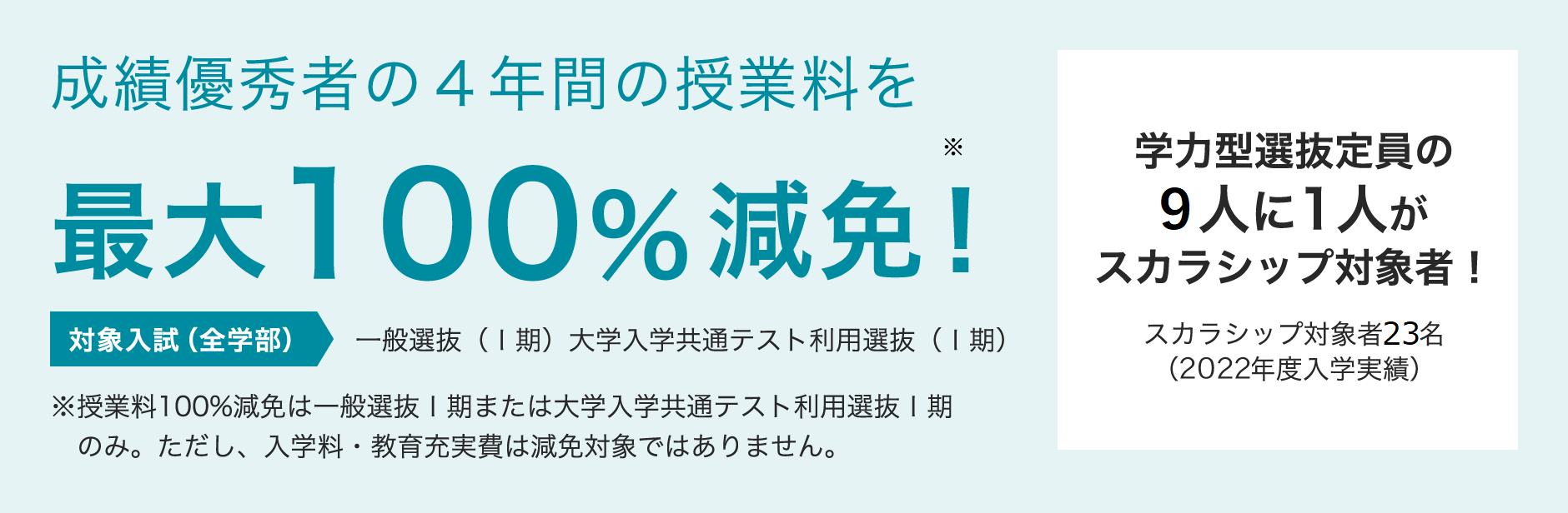 成績優秀者の4年間の授業料を最大100%減免！